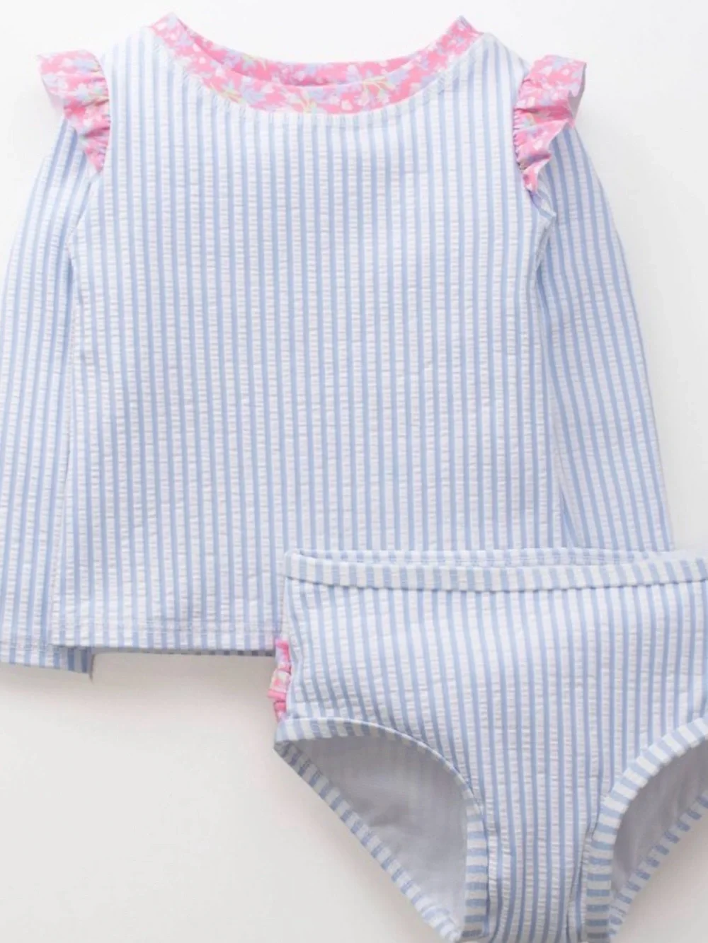 Ruffle Butts Blue Stripe Rash Guard with Pink Ruffle Diaper Cover
